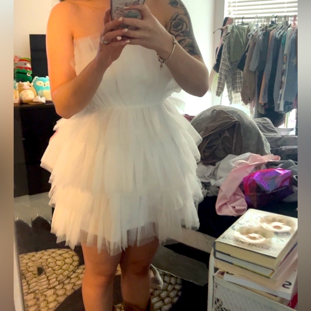 Tulle Intentions White Strapless Tiered Tulle Mini Dress from LuLu’s